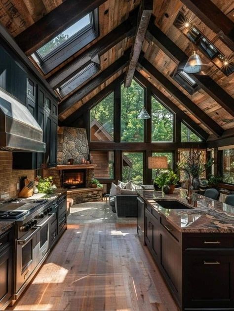 Gothic Fireplace, Lovely Houses, Manifesting Life, Amazing Kitchens, Pond House, Log Houses, Colorful Rings, Dream Cabin, Homes Ideas