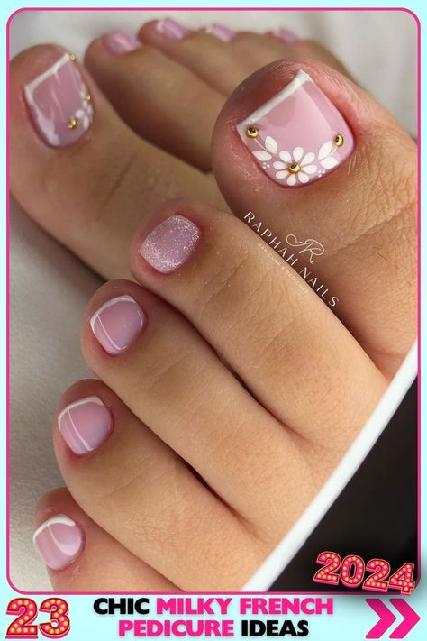 Square-shaped milky French pedicure with gel base, highlighted by pink glitter accents and white tips. Glossy finish, perfect for parties and special occasions. Keywords: milky French pedicure, pink glitter, party nails. French Pedicure Pink, French Pedicure Ideas, Pedicure Styles, Pink Glitter Party, Pedicure Pink, Elegant Touch Nails, Cute Pink Nails, Pink Chrome Nails, French Pedicure