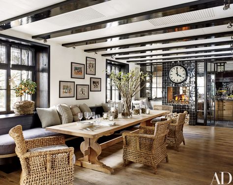 A Historic Hillside Getaway in Switzerland Receives Some High-Tech Improvements Photos | Architectural Digest Steven Gambrel, Banquette Cushions, Eclectic Dining, Timeless Interiors, Custom Furniture Design, Rustic Dining Room, Trestle Dining Tables, Large Dining Table, Elegant Interiors