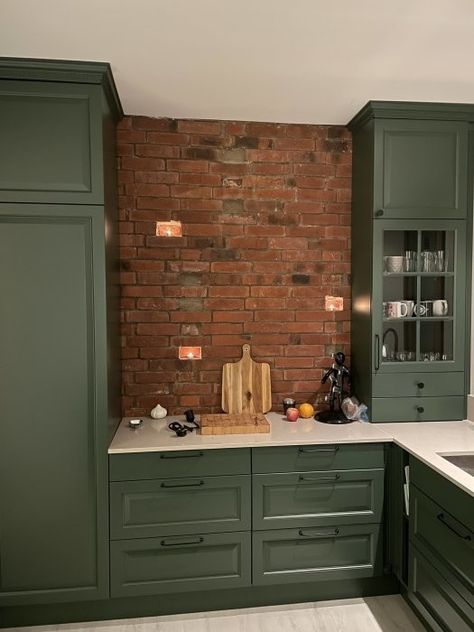 Brick And Green Kitchen, Sage Green Kitchen Cabinets With Brick Backsplash, Green Kitchen Cabinets Brick Backsplash, Green Kitchen With Brick Backsplash, Green Kitchen Brick Backsplash, Brick Backsplash Kitchen Green Cabinets, Brick Backsplash Ideas, Red Brick Kitchen, Kitchen With Green Cabinets