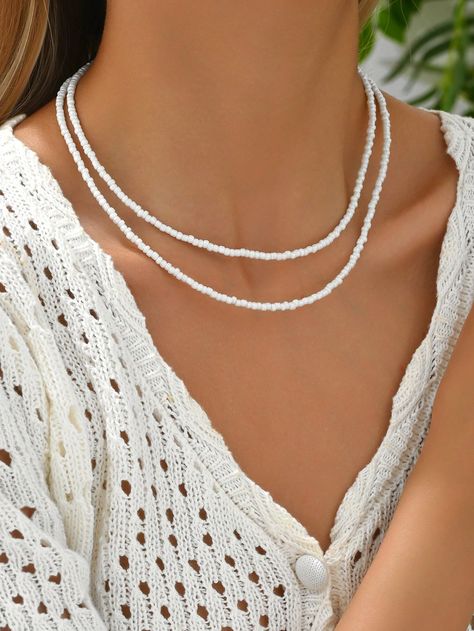 1pc White Plastic Beaded Double Layer Necklace, Adjustable Size Suitable For Teenage Girls, Fashion Accessory For Beach, Travel, Shopping Multicolor    Stainless Steel     Teen Jewelry & Watches, size features are:Bust: ,Length: ,Sleeve Length: Cheap White Necklaces For Beach, Trendy White Necklace With Adjustable Chain, Trendy White Nickel-free Necklace, Nickel-free White Necklace For Beach, Nickel-free Beach Necklaces, Teen Necklaces, Fashion Teenage Girls, Double Layer Necklace, Teen Jewelry