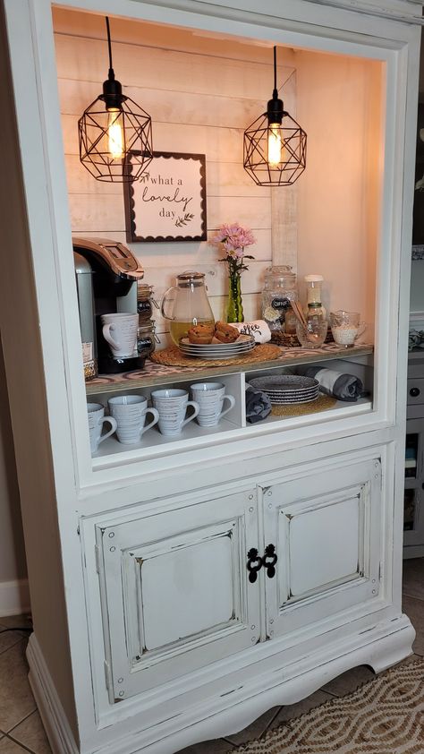 Farm Coffee Bar, Coffee Bar Out Of Hutch, Coffee Bar From Armoire, Repurposed Armoire Coffee Bar, Armoire Coffee Bar Farmhouse, Tea Nook, Farmhouse Coffe Station Small Hutch, Tea Breakfast, Coffee Cabinet