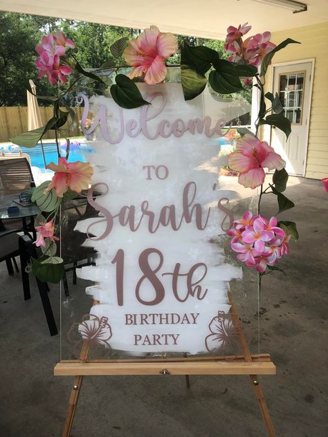 DIY BIRTHDAY PARTY DECORATIONS: ACRYLIC SIGNS Sign In Table For Birthday Party, Plexiglass Birthday Sign, Sweet 16 Signs Diy, Sweet 16 Acrylic Sign, 18th Birthday Sign Ideas, Birthday Party Cricut Projects, Acrylic Party Signs, Diy Acrylic Sign How To Paint, Birthday Party Signs Diy Entrance