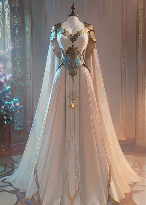 Wedding Dress With Armor, White And Gold Dresses, Designer Daddy Dresses, Dnd Wedding Dress, Elvish Gown, Medieval Royalty Dress, Dress With Armor, White Gold Fantasy Dress, Celestial Princess