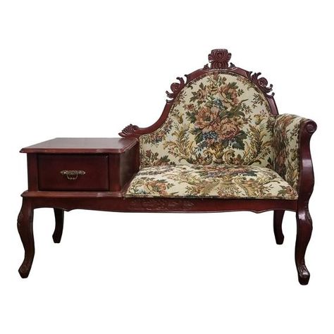 Vintage Victorian Telephone Gossip Bench - Antique Floral Chaise Lounge - Carved Wood Loveseat Country Victorian Decor, Victorian Bedroom Furniture, Telephone Bench, Gossip Bench, Victorian Bedroom, Bohemian Furniture, Inexpensive Home Decor, Vintage Lounge Chair, Antique Sofa