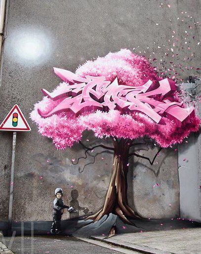 Tree with pink leaves graffiti art on a building Brest France, Reverse Graffiti, Wal Art, Pink Tree, Urban Street Art, Amazing Street Art, 3d Street Art, Graffiti Murals, Murals Street Art