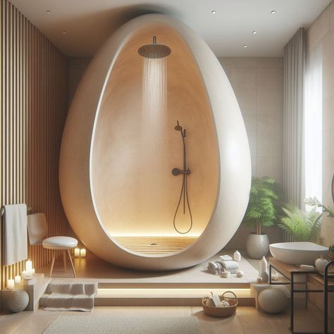 Egg-Shaped Standing Bathroom: A Perfect Blend of Style and Functionality Retrofuturism Bathroom, Egg Shape Bathtub, Futuristic Shower Design, Futuristic Bathroom Aesthetic, Beautiful Ocean Pictures, Ball Chair, Contemporary Apartment, Unique Houses, Spaceship Design