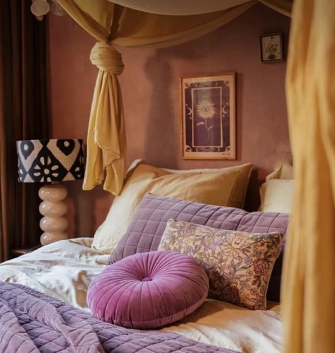 Eclectic Terracotta Bedroom, Bedroom Ideas With Flowers, Terracotta And Purple Bedroom, Rusty Pink Bedroom, Yellow And Purple Room, Marigold Bedroom, Small Lounge Area, Arabian Nights Bedroom, Violet Bedroom