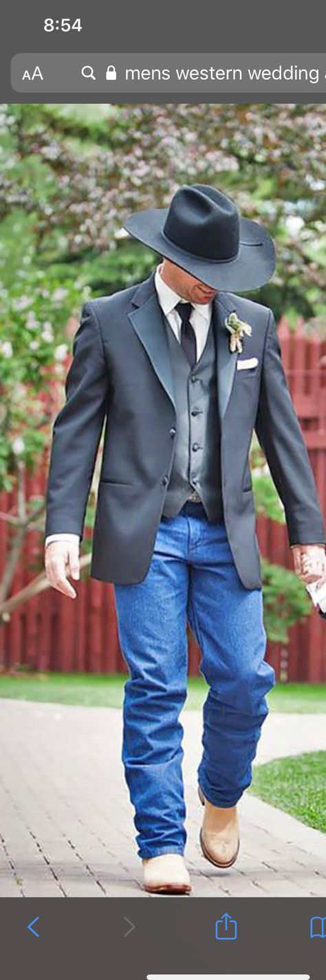 Guys Prom Outfit With Jeans, Cowboy Tuxedo Wedding Jeans, Groom Dark Denim Cowboy Boots Attire, Groom Country Wedding Attire Jeans Cowboy Boots, Country Groomsmen Attire Jeans Boots, Country Wedding Groomsmen Jeans Boots, Guys Prom Outfit, Suit Jacket With Jeans, Prom Tux