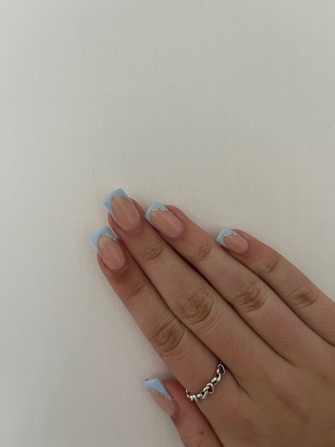 Blue French Tips With Silver Line, Baby Blue French Tips, Baby Blue French Tip, Sparkly French Tip Nails, Sparkly French Tips, Blue French Tip, Glitter French Nails, Blue And Silver Nails, Hoco Nails