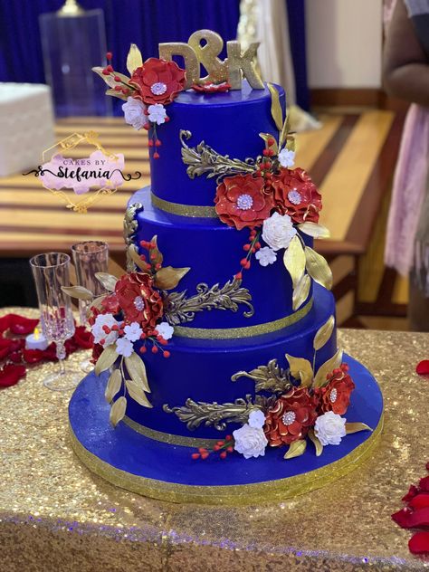 Wedding Table Settings Blue, Orange Wedding Cake, Navy Blue And Gold Wedding, Blue Sheets, Floral Wedding Cake, Gold Wedding Decorations, Gold Cake, Royal Blue And Gold, Gold Wedding Cake