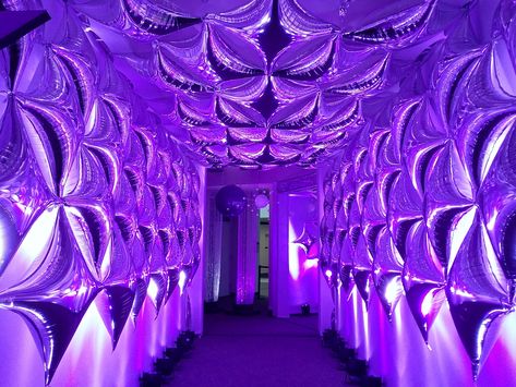 Glowing + Purple | Futuristic Modern Entryway for Corporate Event Decor Ideas Futuristic Party Aesthetic, Futuristic Theme Event, Cosmic Party Decoration, Space Event Design, Futuristic Party Decorations, Holographic Party Decoration, Cyberpunk Party Ideas, Future Themed Party, Futuristic Decorations Parties