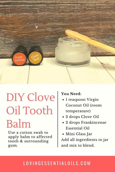 Did you know you can use Clove Oil for Toothaches? Try this DIY Clove Oil Tooth Balm Recipe by Loving Essential Oils. Learn more ways to use Essential Oils for Toothache, just visit the blog post. #cloveoil #lovingessentialoils #essentialoilrecipe Diy Clove Oil, Essential Oils For Toothache, Ways To Use Essential Oils, Natural Mouthwash, Strong Teeth, Balm Recipe, Thyme Essential Oil, Diy Essential Oil Recipes, Clove Essential Oil