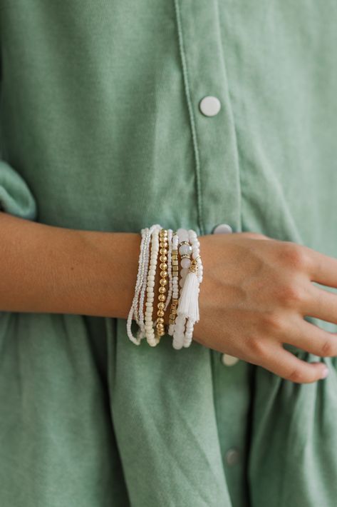 How much fun is this bracelet set?! All of those beads look so good together and we love the pops of gold! Plus, those varying little charms are so cute! White Bead Bracelet, White Bracelet, Mint Julep Boutique, White Bracelets, Mint Julep, Bead Bracelet, Bracelet Set, So Cute, Dreaming Of You