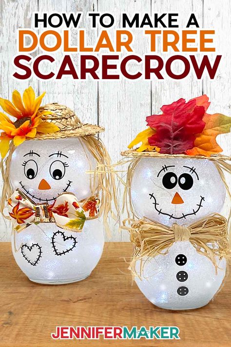 Learn how to make a Dollar Tree scarecrow under $10! Two adorable light-up scarecrow crafts sit on a wooden table. Each has an autumn hat, cute accessories, and different vinyl faces and details. Dollar Tree Scarecrow, Fall Decor On A Budget, Autumn Projects, Diy Scarecrow, Jennifer Maker, Autumn Hat, Scarecrow Crafts, Diy Fall Decor, Fall Decor Diy Crafts