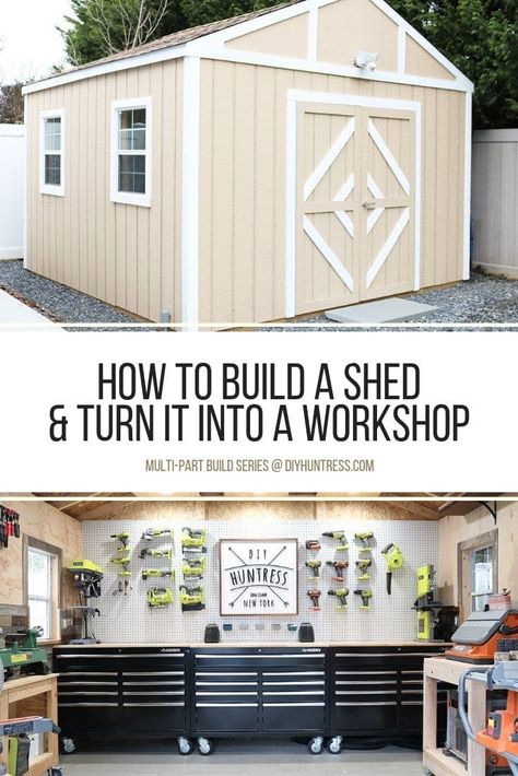 Shed-Shop Series: How To Build A Shed & Turn It Into A Workshop - DIY Huntress Diy Huntress, Shed Workshop, Diy Shed Kits, Storage Shed Kits, Workshop Diy, Workshop Shed, Build A Shed, Firewood Shed, Shed Base