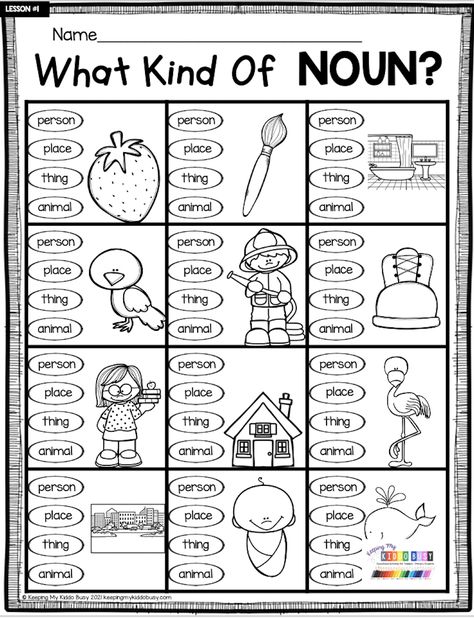 Kindergarten Noun Worksheet, Noun Kindergarten Worksheets, Easy Noun Worksheet, Lesson Plans Kindergarten Ideas, Nouns Activity For First Grade, Nouns And Verbs Kindergarten, Nouns 2nd Grade Activities, Second Grade Grammar Worksheets, Literacy Lesson Plans First Grade