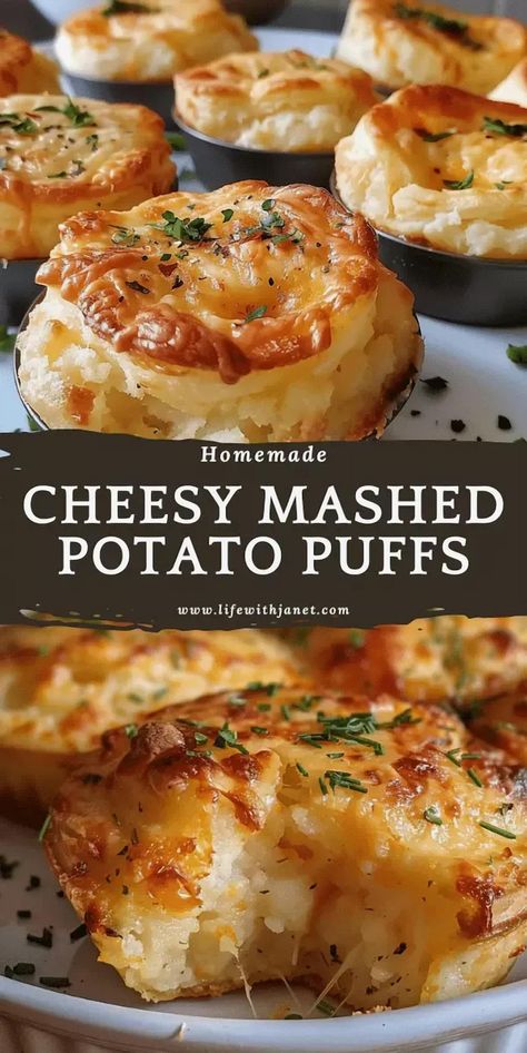 Indulge in the ultimate comfort food with these creamy potato puffs, perfectly blended with a cheesy delight that melts in your mouth. These bite-sized treats are ideal for any occasion, offering a rich and savory flavor that will have everyone reaching for more. Whether you're hosting a party or simply craving a delicious snack, these potato puffs are sure to impress. Easy to make and even easier to enjoy, they bring a touch of gourmet to your everyday meals. Mashed Potatoes Main Dish, Supper Ideas Potatoes, Meal Ideas With Potatoes, Breakfast Vegetarian Ideas, Mashed Potatoes Dinner Meals Meat, Appetizer Recipes Savory, Decadent Side Dishes, Mash Potato Appetizer, Mashed Potato Cupcakes