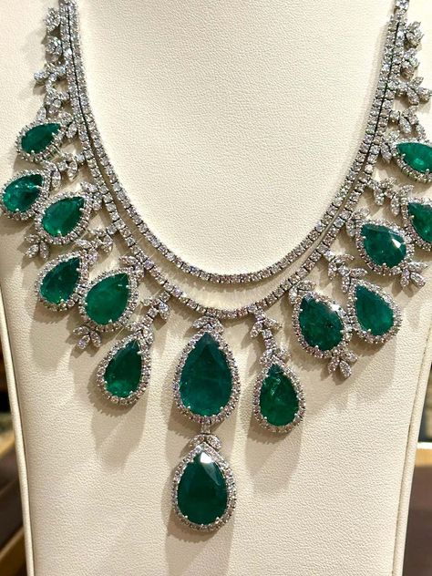 For Sale on 1stDibs - 75 Ct Zambian Emerald and 30 Ct Diamond Necklace and Earring Bridal Suite Emeralds are Zambians. 23x14 larges pear shape 19X13.5 next size which is a Emerald Costume Jewelry, Emerald And Diamond Necklace For Wedding, Emerald Necklace Indian, Emerald Jewelry Necklace, Emerald Diamond Necklace, Beautiful Jewelry Diamonds, Earring Bridal, Neck Pieces Jewelry, Diamond Jewelry Set