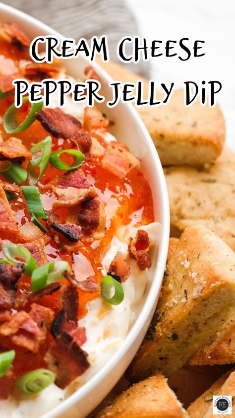 Sweet, spicy, creamy, smoky - this Cream Cheese Pepper Jelly Dip has it all and it’s so crazy good!  It’s the hit of every party! Recipes With Pepper Jelly Appetizers, Cream Cheese Bacon Pepper Jelly Dip, Cream Cheese Spicy Jelly Dip, What To Do With Pepper Jelly, Cream Cheese And Hot Pepper Jelly, Cream Cheese And Jelly Appetizer, Cream Cheese And Pepper Jelly Appetizers, Cream Cheese Jelly Dip, Jalapeño Jelly Cream Cheese Dip