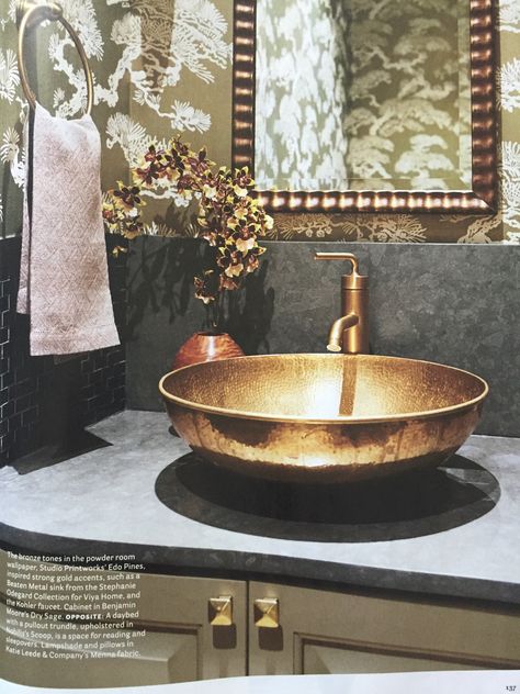 Brass | Caitlin Moran Copper Bathroom Fixtures, Wash Basin Design, Modern Pedestal Sink, Wallpaper Design For Bedroom, Powder Room Wallpaper, Metal Sink, House Beautiful Magazine, Copper Bathroom, Washbasin Design