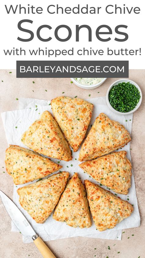 These flaky cheddar chive scones are a simple savory scone that are buttery and soft on the inside with a slightly crisp exterior and served with whipped chive butter. Cheddar Chive Scones, Cheese And Chive Scones, Chive Scones, Chive Butter, Mini Scones, Easy Mac And Cheese, Cheese Scones, Savory Scones, Cheesy Recipes