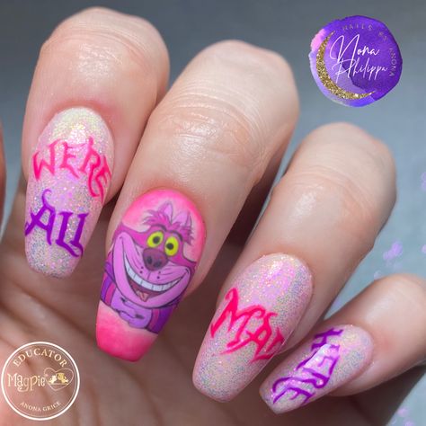 Alice I Wonderland Nails, Cheshire Cat Nail Art, Cheshire Cat Nails Design, Cheshire Cat Nails, Alice In Wonderland Nail Art, Alice In Wonderland Nails, Cat Nail Designs, Cheetah Print Nails, Wow Nails