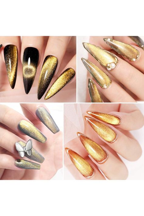 MIZHSE Universal Gold Cat Eye Gel Nail Polish, 9D Wide Magnetic Gel Polish with Magnet Stick, 10ml Galaxy Effect Bright Glitter Shimmer Cateye Nail Gel Soak Off Nail Art Manicure DIY at Home Magnetic Gel Polish, Black Nails With Glitter, Manicure Diy, Cat Eye Gel, Cat Eye Nails, Glitter Gel, Eye Gel, Nail Gel, Diy Manicure