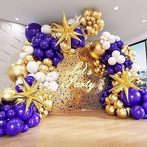 FOTIOMRG Purple and Gold Balloons Garland Arch kit with 3pcs Starburst Balloon, Metallic Gold Dark Purple White Balloons for Wedding Birthday Baby Shower Anniversary 2024 Graduation Party Decorations Purple And Gold Balloon Garland, Purple And Gold Balloons, Gold Balloon Garland, 30 Birthday, Balloon Ideas, Garland Arch, Kids Gift Guide, White Balloons, Arch Kit