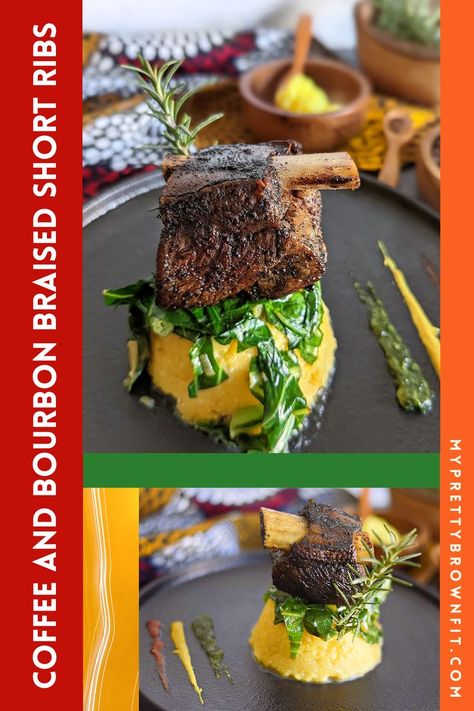 This recipe takes a look through the lens of Afrofuturism. Rich flavors of beef slow cooked with notes of espresso coffee and bourbon joined by stewed collard greens and golden grits. #blackfood #blackculture #blackhistorymonth Coffee And Bourbon Braised Short Ribs, Garlic Aioli Recipe, Grit Cakes, Bean Pie, Okra And Tomatoes, Polenta Cakes, Spiced Butter, Sweet Potato Biscuits, Moroccan Dishes