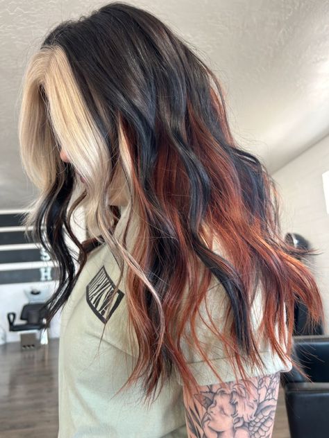 Strong Color Contrast Hair, Black Tip Blonde Hair, Colors That Go With Black Hair, Copper Block Color, Red Black And Blonde Hair Color Ideas, Blonde Black Red Hair, 2024 Hair Inspiration, Black Hair With Copper Underneath, Orange Black And Blonde Hair