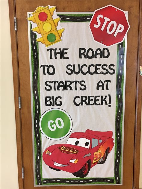 Cars - Road To Success Jeep Classroom Door, Disney Cars Classroom Theme, Cars Bulletin Board Ideas, Disney Cars Bulletin Board Ideas, Cars Classroom Theme, Cars Classroom Theme Disney, Racecar Bulletin Board Ideas, Race Car School Theme, Race Car Classroom Theme