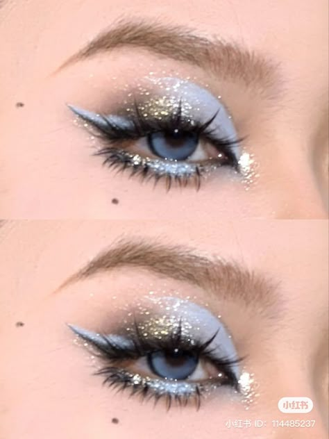 Blue Ethereal Makeup, Jellyfish Makeup Ideas, Ice Fairy Makeup, Periwinkle Makeup Looks, Snowflake Eye Makeup, Firework Makeup, Blue Fairy Makeup, Jellyfish Makeup, Eye Makeup For Almond Eyes