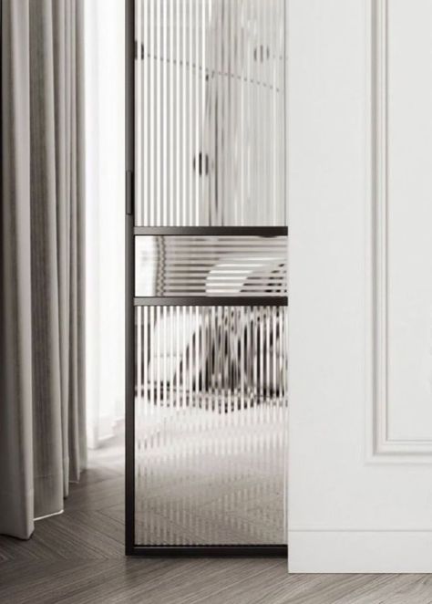 Ribbed Glass Sliding Door, Ribbed Glass Partition, Reeded Glass Pocket Door, Fluted Glass Pocket Door, Ribbed Glass Door, Santorini Interior, Reeded Glass Door, Glass Sliding Doors Interior, Glass Wardrobe Doors