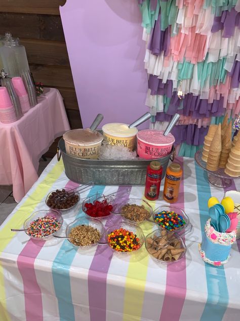 Dollar Tree Ice Cream Party, Diy Ice Cream Bar Birthday Parties, Ice Cream Sundae Bar Ideas Birthdays, Three Scoops Of Fun Birthday Party Ideas, Ice Cream Bday Party Ideas, I’ve Cream Bar Birthday, Birthday Ice Cream Bar, 3 Scoops Of Fun Birthday, Ice Cream Bar Party Ideas