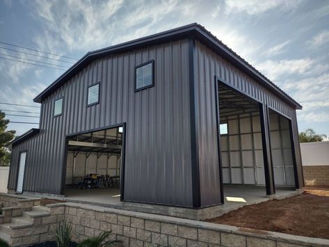 Metal Shop Colors Exterior, Grey And Black Metal Building, Gray Metal Building, Dark Gray Metal Building, Dark Gray Shop Building, Black Metal Shop, Burnished Slate Metal Building, Gray Pole Barn With Black Doors, Metal Shop Houses