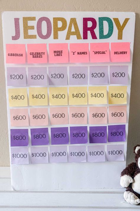 This baby shower Jeopardy game is one of the most fun baby shower games ever! Get the free printables, questions, and answers for a baby shower game everyone will love! Baby Shower Jeopardy Questions, Baby Shower Jeopardy, Unique Baby Shower Games, Baby Jeopardy, Best Baby Shower Games, Jeopardy Questions, Sweet Baby Shower Ideas, Backyard Baby Showers, Free Printable Baby Shower Games