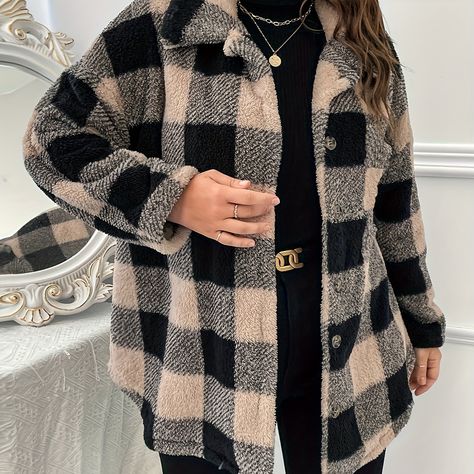 Faster shipping. Better service Plaid Winter Coat, Drawstring Coat, Plus Size Patterns, Fleece Plaid, Plus Size Fall Outfit, Khaki Fashion, Plus Size Coats, Long Sleeves Coats, Plus Size Kleidung