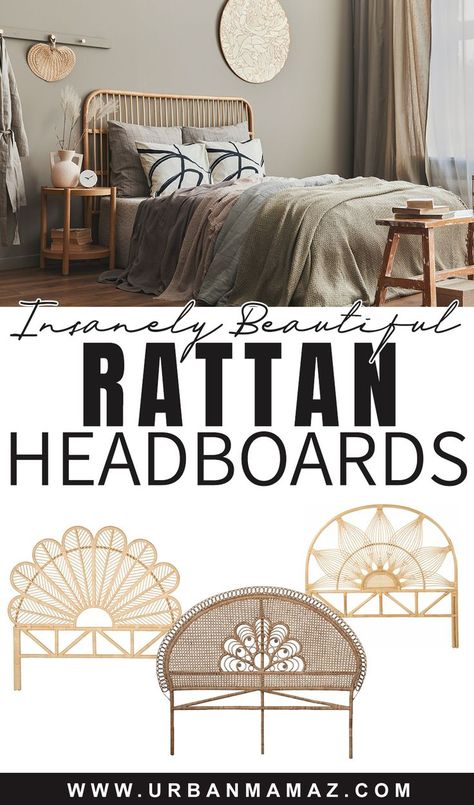 Rattan Headboards Rattan Headboard Uk, Boho Bedroom Rattan Headboard, Headboard Ideas Ratan, Ikea Rattan Headboard, Dark Rattan Bedroom, Full Bed Frame With Headboard, Cane Headboard Bedroom, Wicker Headboard Bedroom, Diy Rattan Headboard