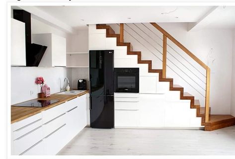 Kitchen Below Stairs, Kitchen Near Stairs, Kitchen And Stairs, Kitchen Under Stairs, Stairs In Kitchen, Desain Pantry, House Floor Design, Sophisticated Decor, Stair Case