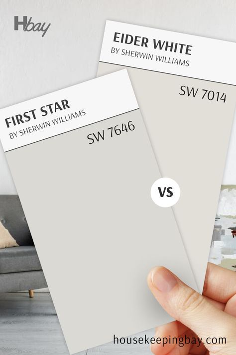 Eider White SW 7014 vs First Star SW 7646 – Cool Gray-Whites Compared First Star Sherwin Williams, Eider White, Trim Colors, New Star, Trim Color, One Star, Coordinating Colors, Cool Tones, Sherwin Williams