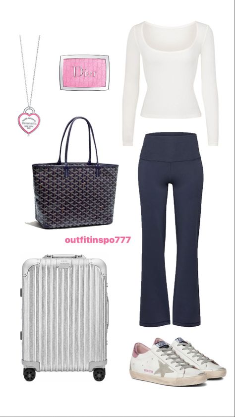 Airport Outfit Goyard, Girly Airport Outfit, Stockholm Airport Outfits, Navy Blue Flared Leggings Outfit, Airport Outfit Layout, Leggings Outfit Layout, Navy Blue Flare Leggings Outfit, Navy Flare Leggings Outfit, Blue Flare Leggings Outfit