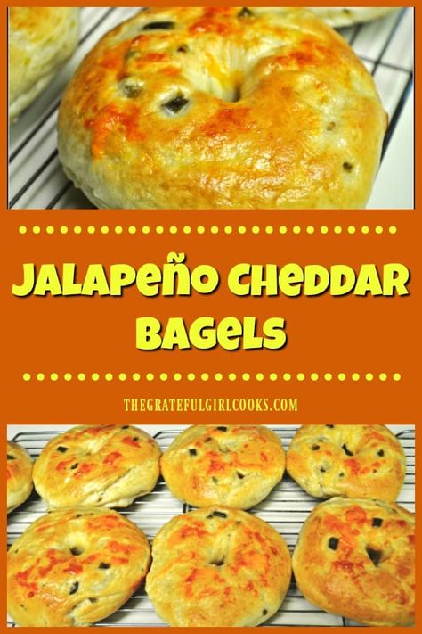 Make your own incredibly delicious jalapeño cheddar bagels from scratch!  Bagels are much easier to make than you might think... pass the cream cheese! via @gratefuljb Jalapeno Bagels Recipe, Jalapeno Cheddar Bagel Recipe, Cheddar Bagel Recipe, Cheddar Bagels, Types Of Bagels, Bagel Recipes, Bagel Recipe Easy, Bagel Bread, Dream Bakery