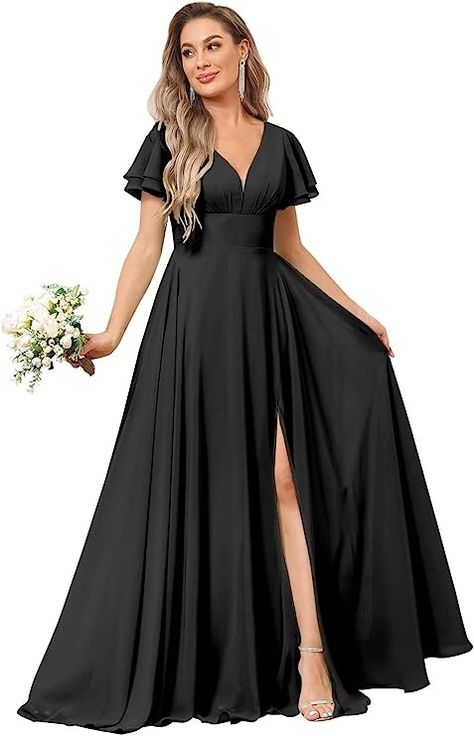 Black Maid Of Honor Dress Long Sleeve, Short Sleeve Bridesmaid Dress, Womens Bridesmaid Dresses, Bridesmaid Dresses Long Chiffon, Fall Bridesmaid Dresses, Evening Gowns With Sleeves, Bridesmaid Dresses With Sleeves, Formal Evening Gown, Velvet Bridesmaid Dresses