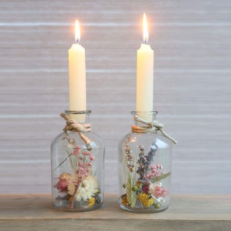 Candle Holder Decoration, Dried Flowers In Candles, Dried Flower Holder, Dried Flowers For Candles, Dried Flowers In Wine Bottle, Candles With Crystals And Flowers, Glass Candle Stand, Dried Flower Jar Glass Bottles, Glass Bottle Decor