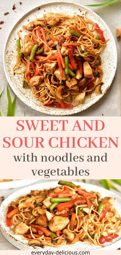 Sweet and sour chicken with noodles and vegetables. This chicken stir fry taste so good! Crunchy vegetables, tender chicken and yummy sauce. #sweetsourchicken #chickenstirfry #chinesestirfry #noodles Chicken With Noodles, Chicken Stir Fry With Noodles, Crunchy Vegetables, Chinese Stir Fry, Sweet And Sour Chicken, Stir Fry Recipes Chicken, Sweet Chicken, Sweet Sour Chicken, Chicken Noodle Recipes