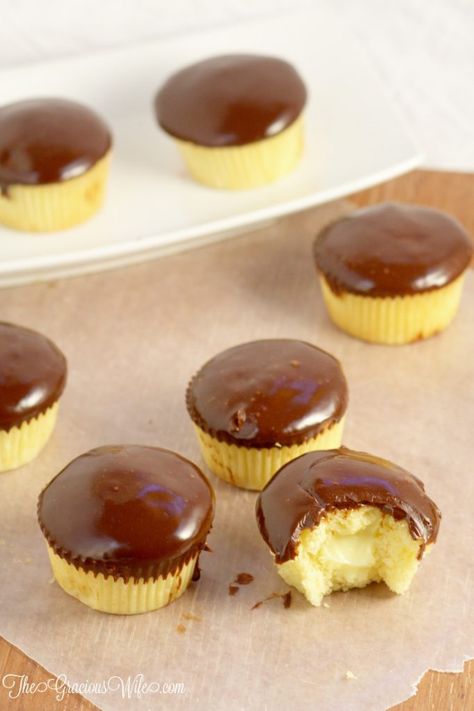 Boston Cream Pie Cupcakes | The Gracious Wife Cream Pie Cupcakes, Pastry Filling, Boston Cream Cupcakes, Boston Cream Pie Cupcakes, Chocolate Ganache Frosting, Pie Cupcakes, Cream Cupcakes, Boston Cream Pie, Boston Cream