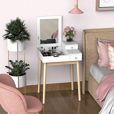 HOMCOM Dressing Table Desk Flip-up Mirror Multi-Purpose Large Space 2 Drawers Modern - White : Amazon.co.uk: Home & Kitchen Desk Flip, Essential Makeup, Chic Dressing, Dressing Table Desk, Small Vanity, Bathroom Closet, Dressing Table Set, Dressing Table Mirror, Vanity Table