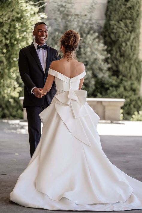 Wedding Gown Ideas Simple, Gown Ideas Simple, Wedding Dress Back Design, Dress Back Design, Wedding Dress Mikado, Classy Winter Wedding, Proposal Christmas, Off Shoulder Wedding Gown, Mikado Gown