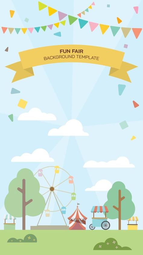 Flat vertical illustration of carnival, circus, fun fair or amusement park with blue sky background have blank space template. Carnival Theme Background, Amusement Park Background, Fair Background, Carnival Illustration, Carnival Invitation Template, Vertical Illustration, Space Template, Circus Background, Fair Poster